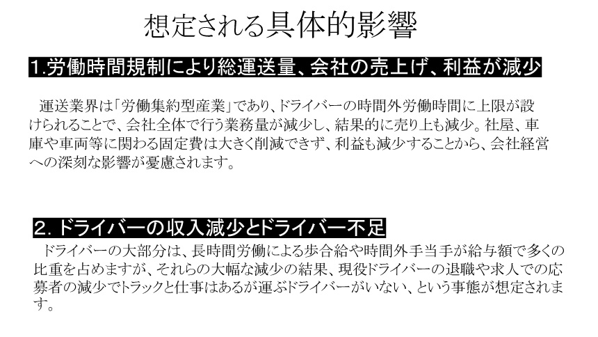 想定される具体的影響：1.労働時間規制により総運送量、会社の売上げ、利益が減少。2.ドライバーの収入減少とドライバー不足