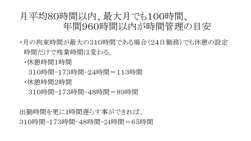 月平均８０時間以内、最大月でも１００時間、年間９６０時間以内が時間管理の目安