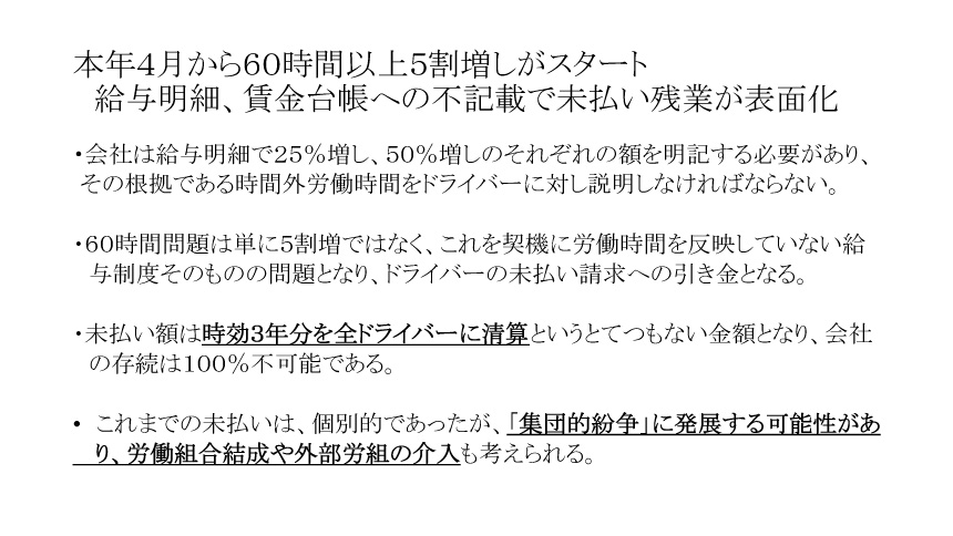 本年４月から６０時間以上５割増しがスタート給与明細、賃金台帳への不記載で未払い残業が表面化