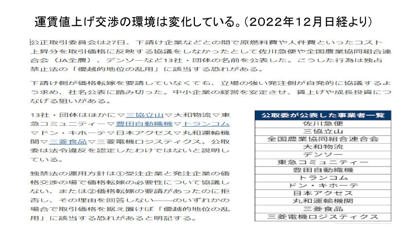 運賃値上げ交渉の環境は変化している。（２０２２年１２月日経より）